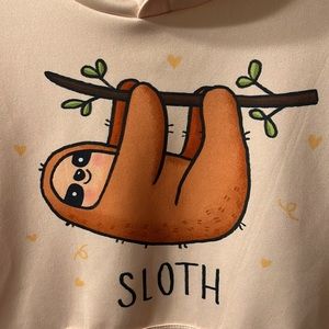 Sloth hoodie, youth large, light peach background, sloth design front and back❤️